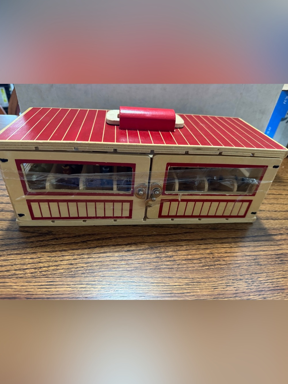 Melissa & Doug Red and Natural Wooden Train Case with Clear Panels